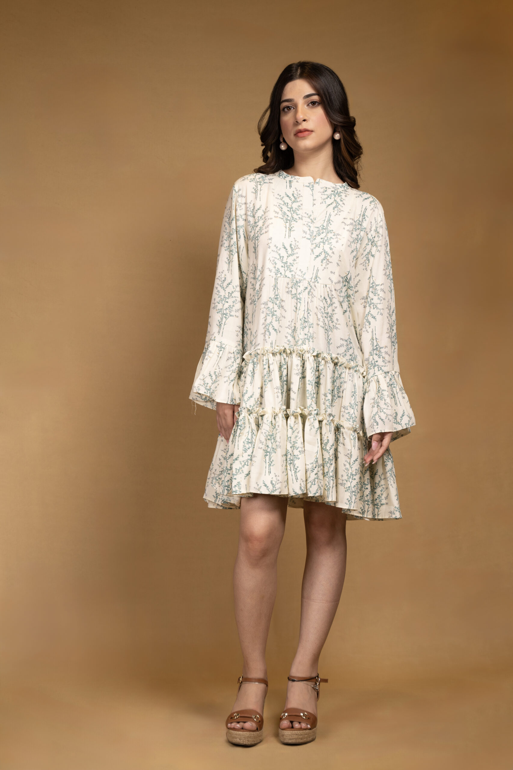 Off-white printed layered full sleeves cotton dress - Image 2