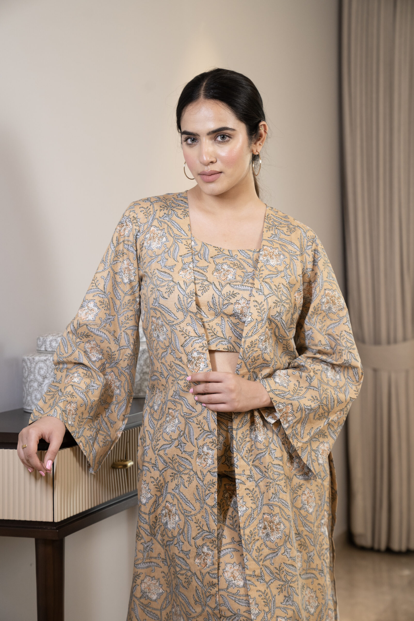 Three piece printed cotton co-ord set with cape