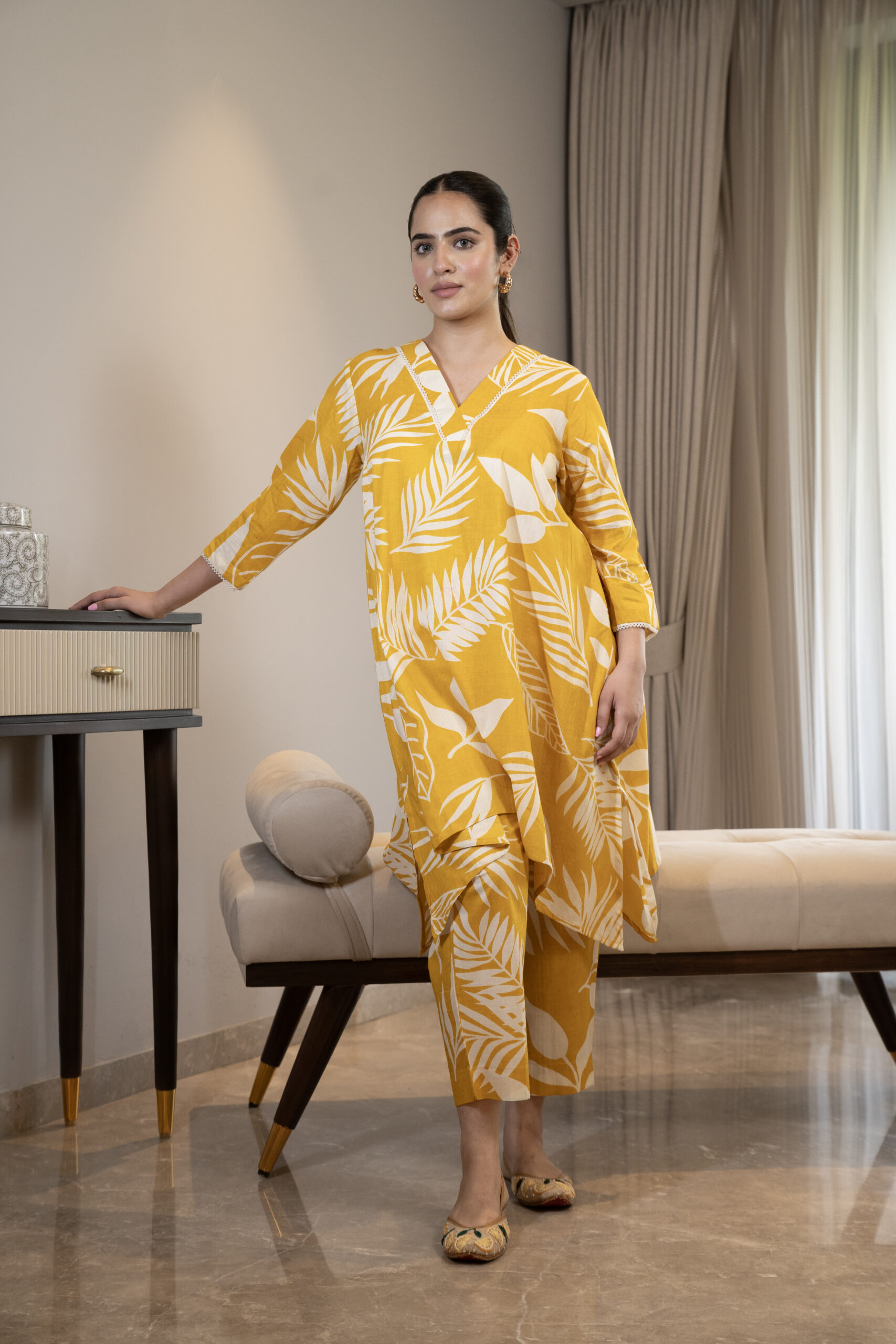 Yellow botanical print asymmetrical kurta with straight pants (Co-ord set) - Image 2