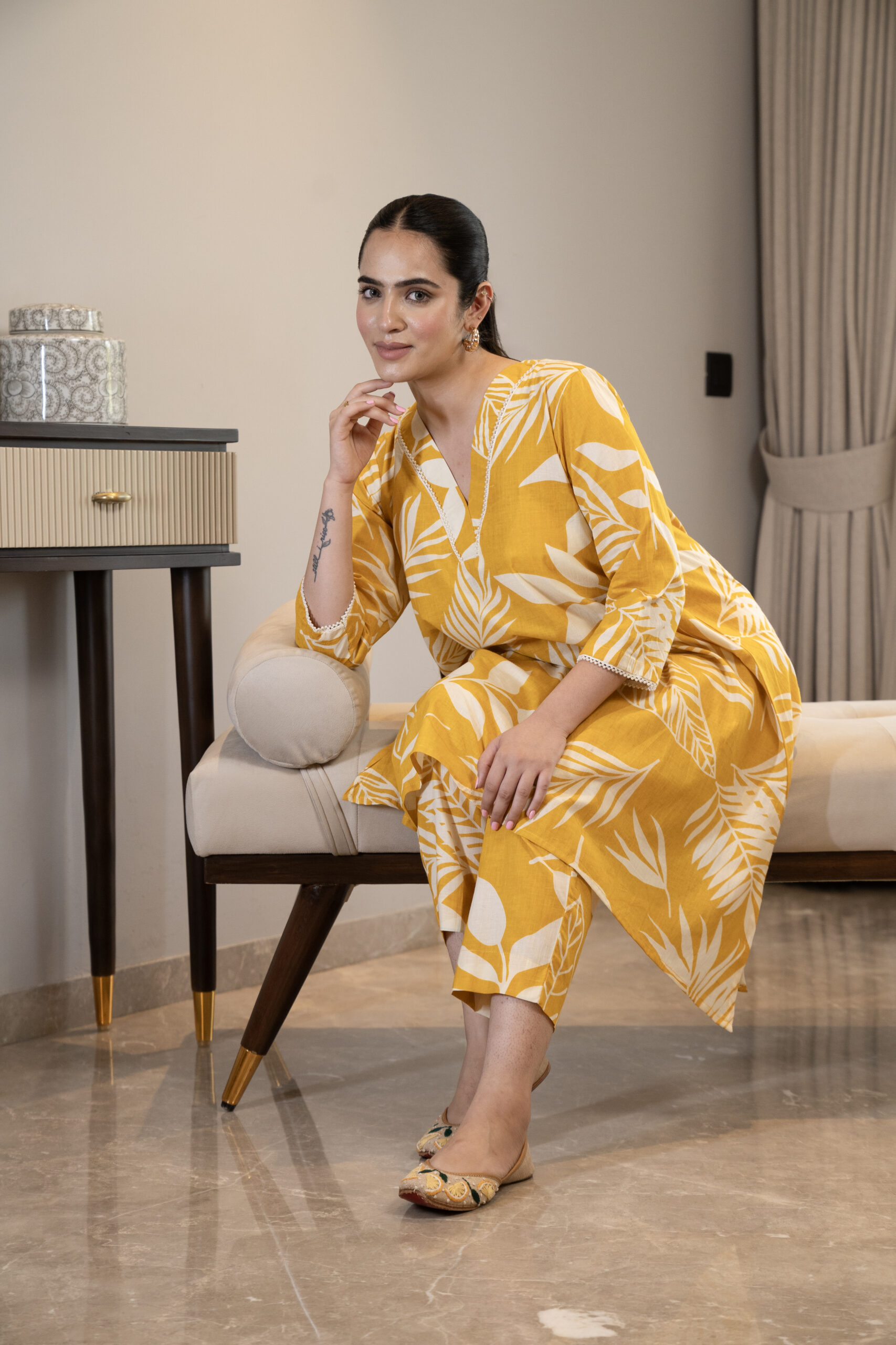 Yellow botanical print asymmetrical kurta with straight pants (Co-ord set)