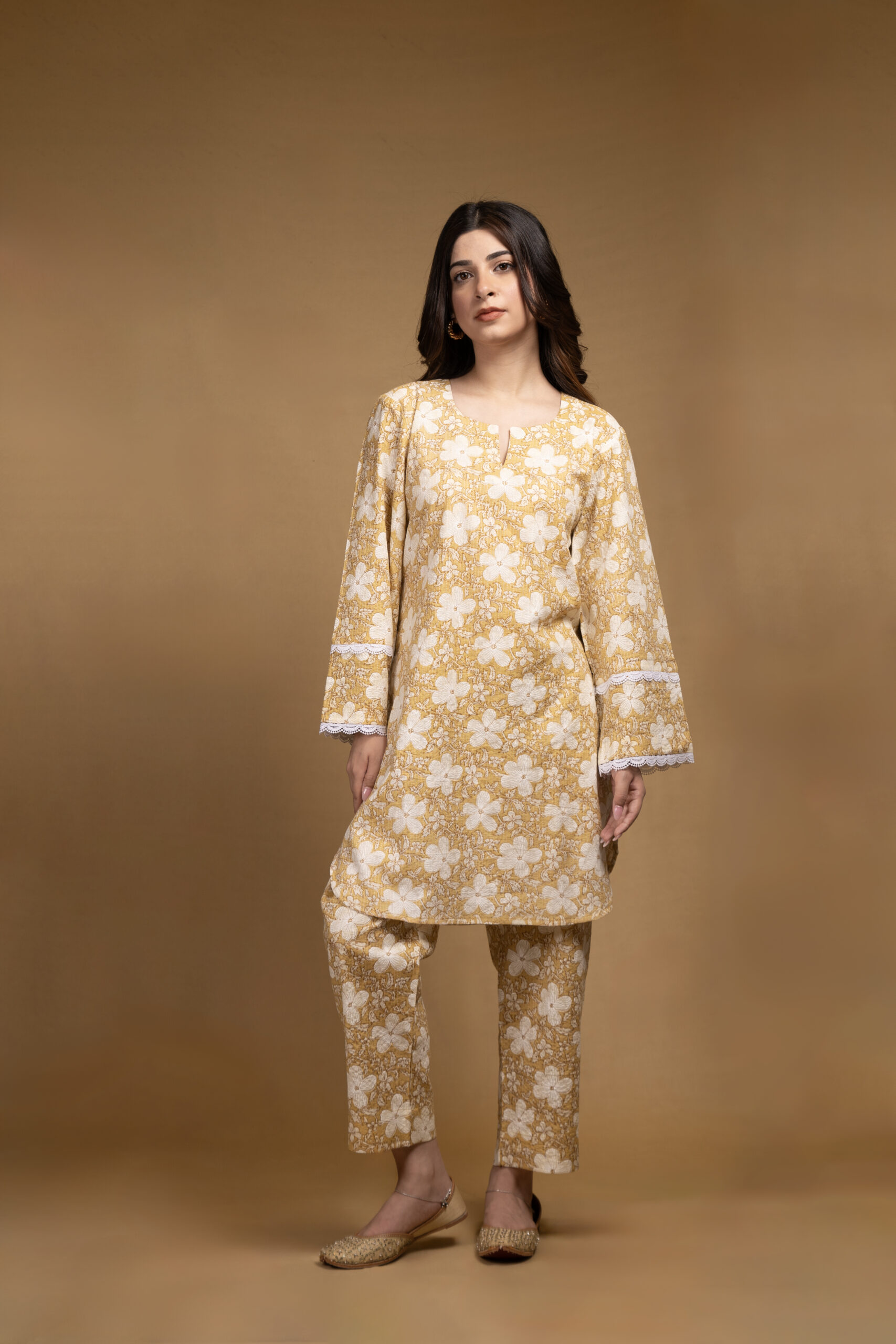 Yellow floral Kurta with straight pants (Co-ord Set) - Image 2