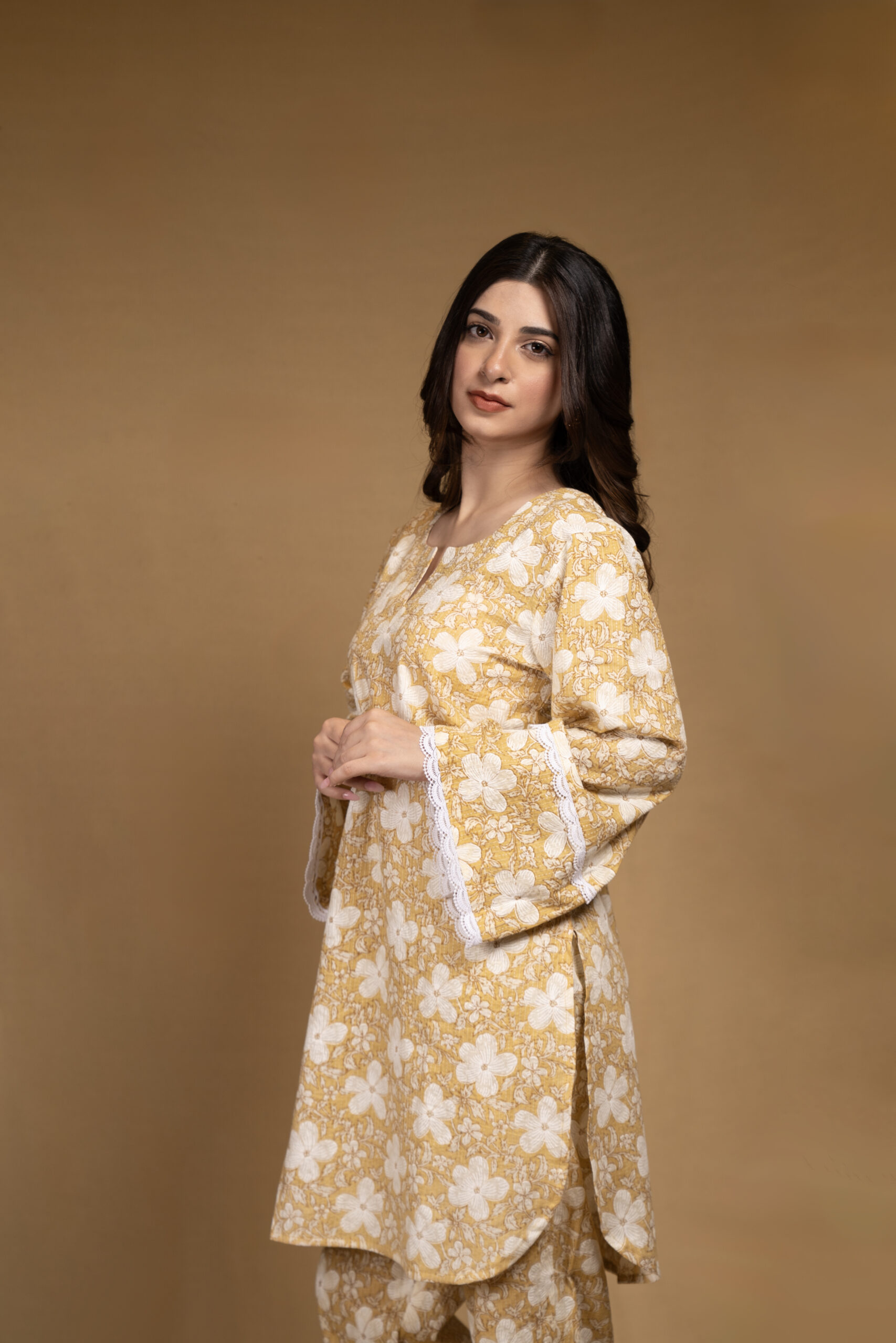 Yellow floral Kurta with straight pants (Co-ord Set) - Image 3