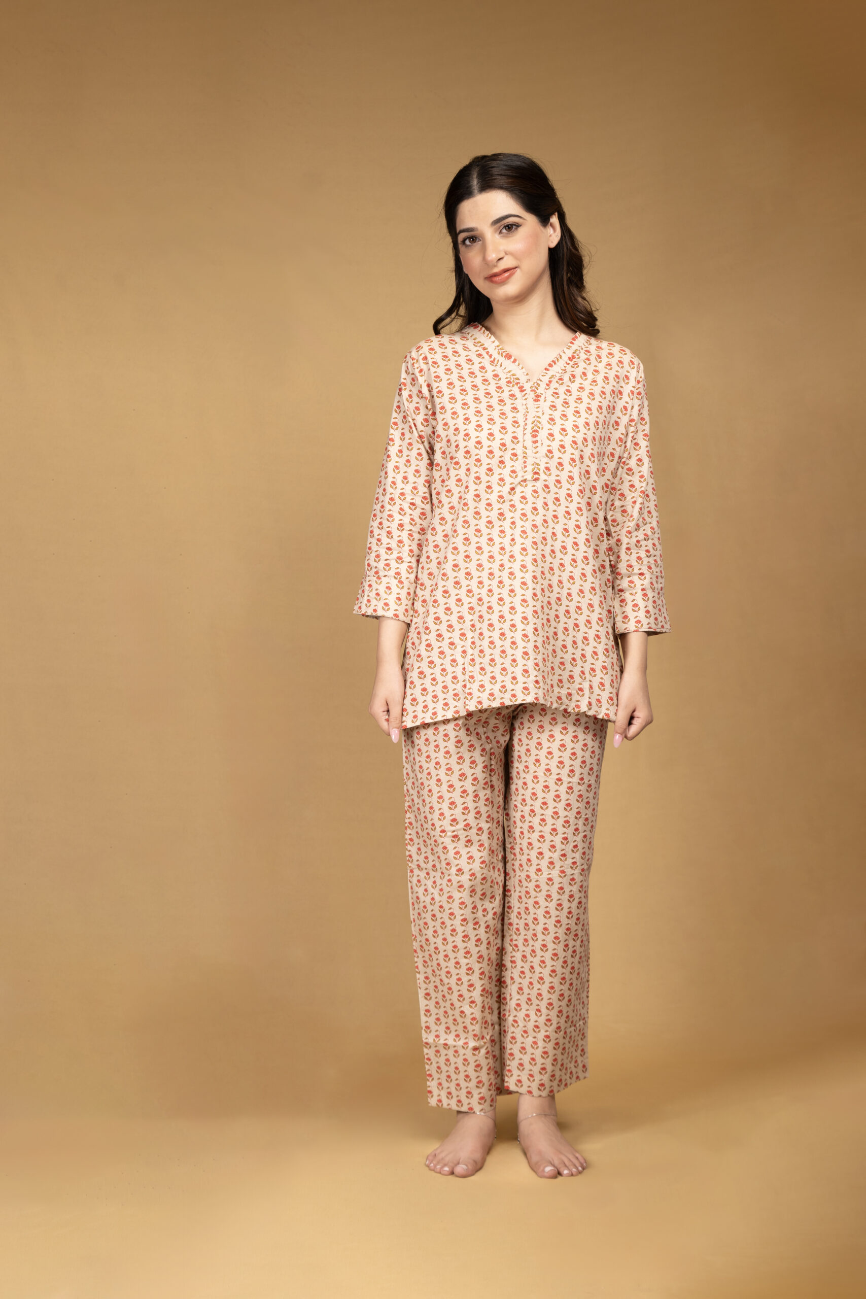 Beige printed lounge wear set - Image 3