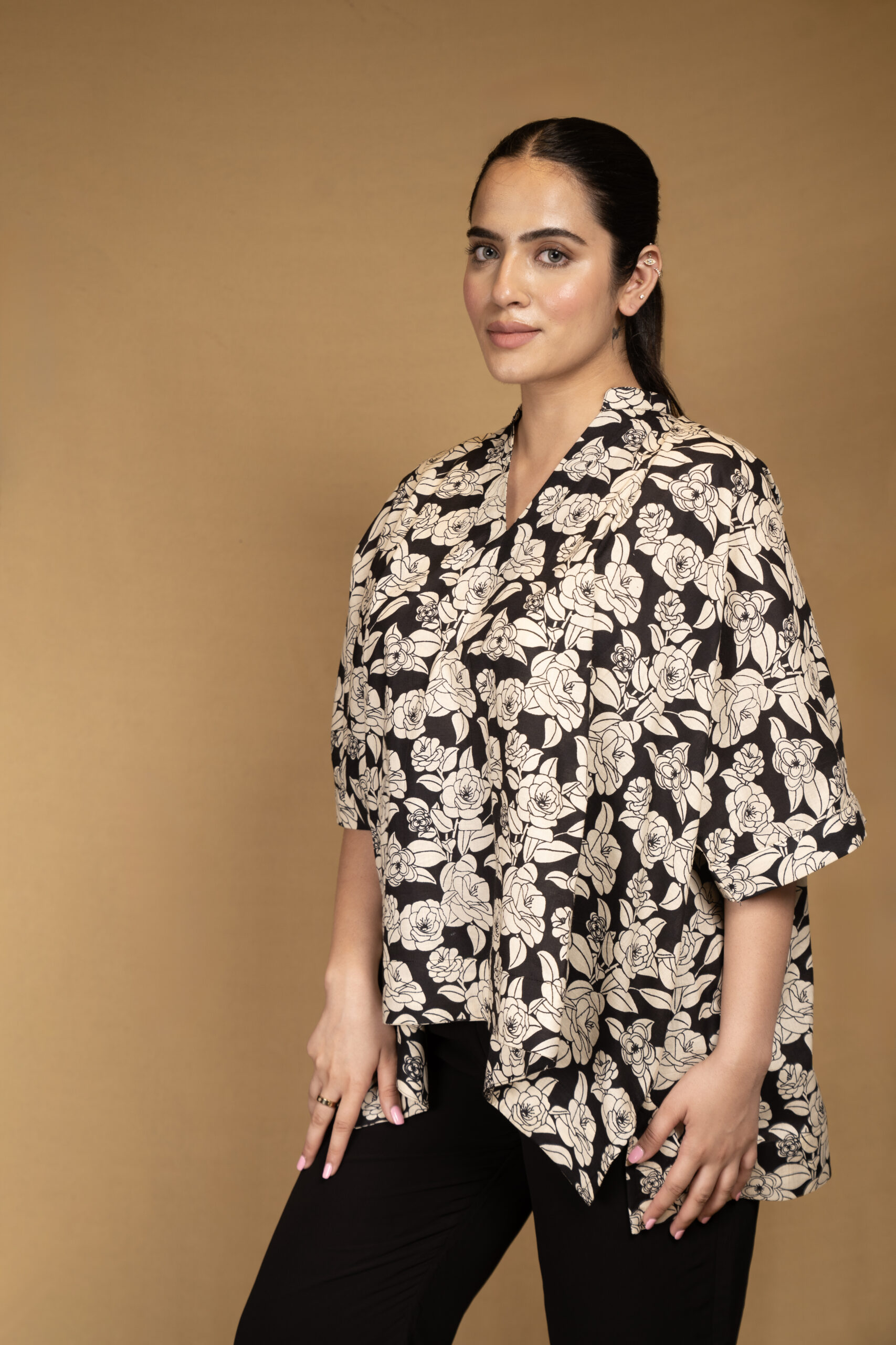 Black and off-white printed floral kaftan top