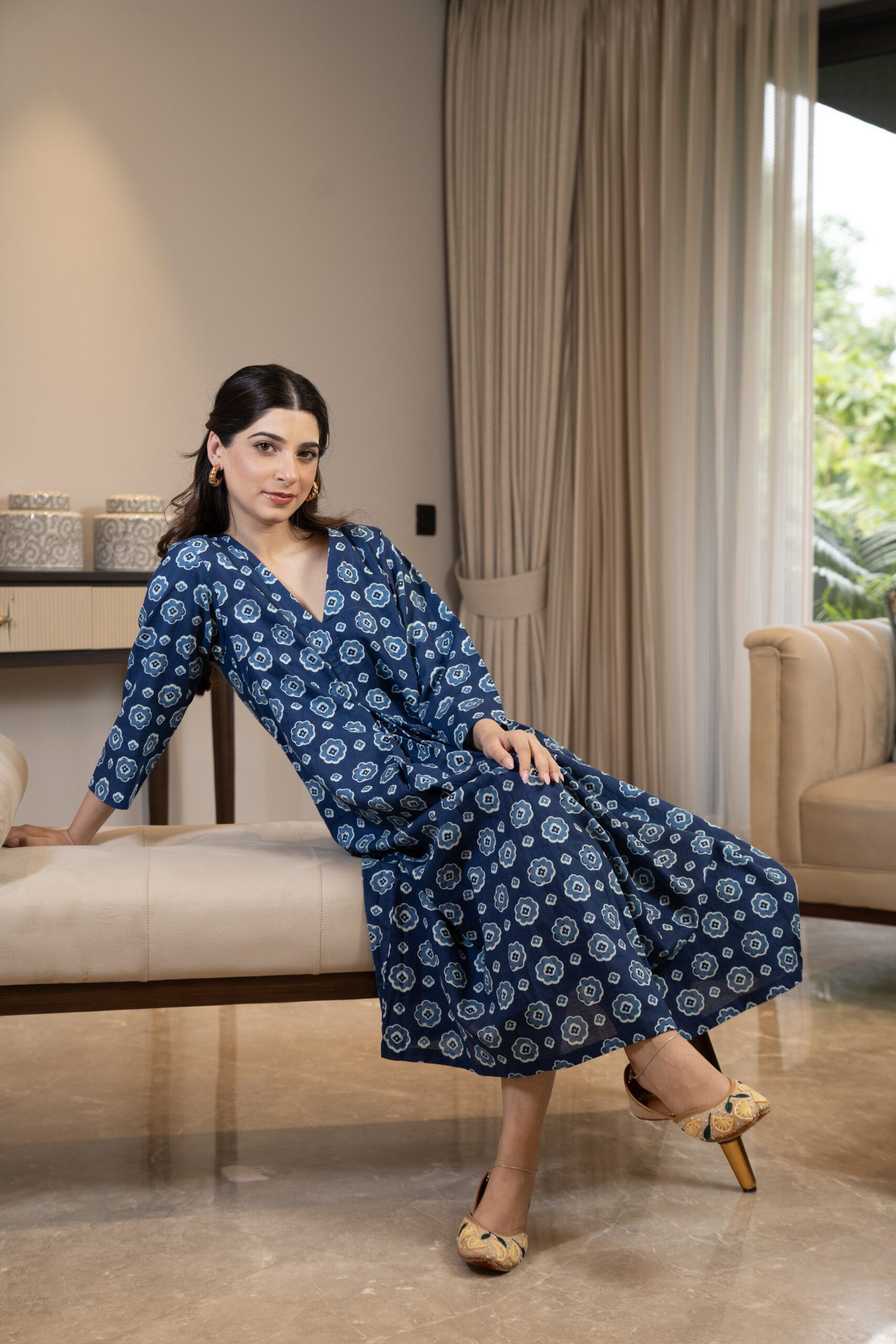 Floral front pleated cotton dress